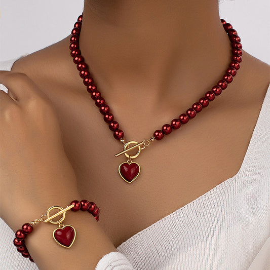 Ensemble bracelet et collier de perles pour femme, avec chaîne de clavicule en forme de cœur