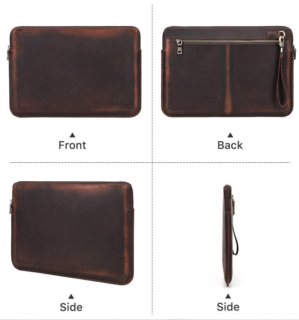 Sac d'ordinateur rétro en cuir Crazy Horse avec fermeture éclair pour ordinateur portable