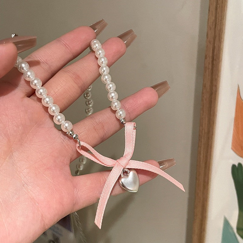 Color Bow Beaded Necklace Female Flower Short Pearl Necklace