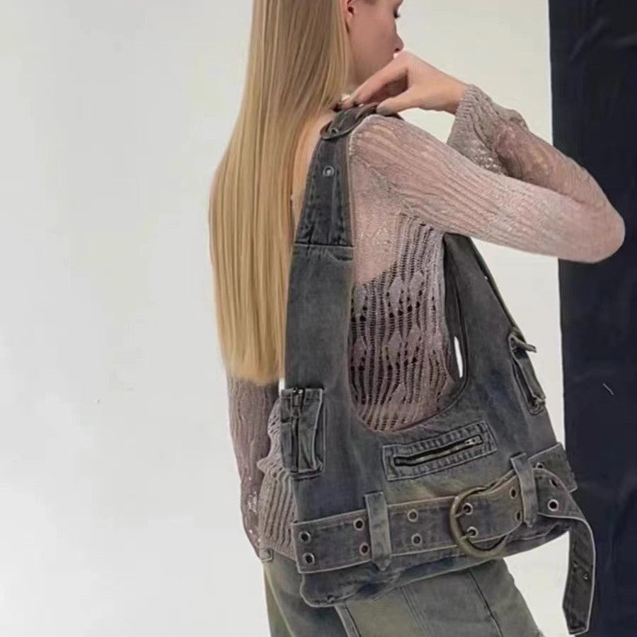 Sac sous les bras en jean lavé femme grande capacité rétro