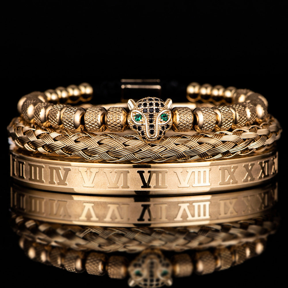 Pulsera romana de perlas de piña de malla con conjunto de cabeza de leopardo