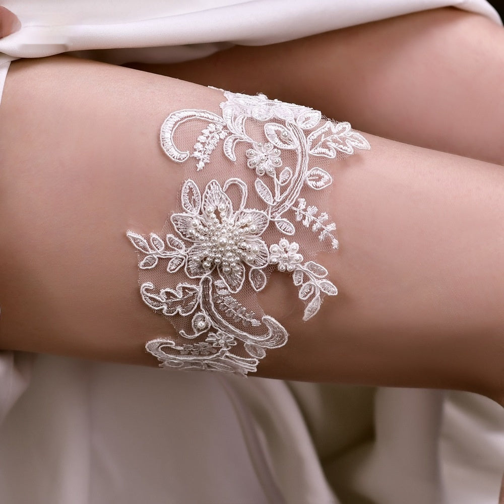 Bague de jambe sexy en dentelle avec perles et fleurs