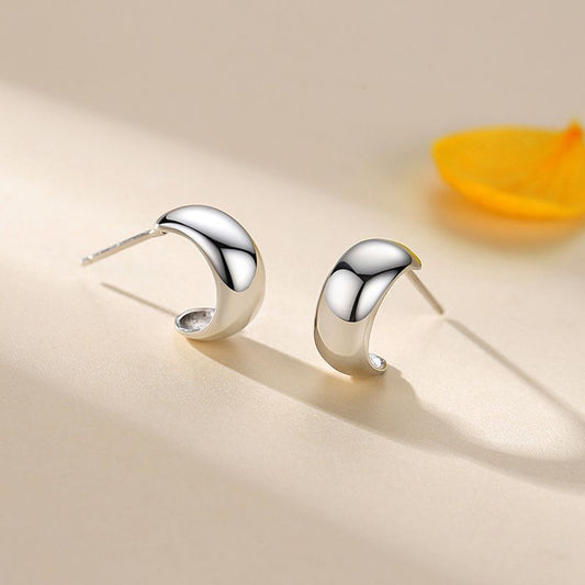 S925 Sterling Silver Glossy C- Shaped Stud Earrings For Women Japanese And Korean Simple Earrings
