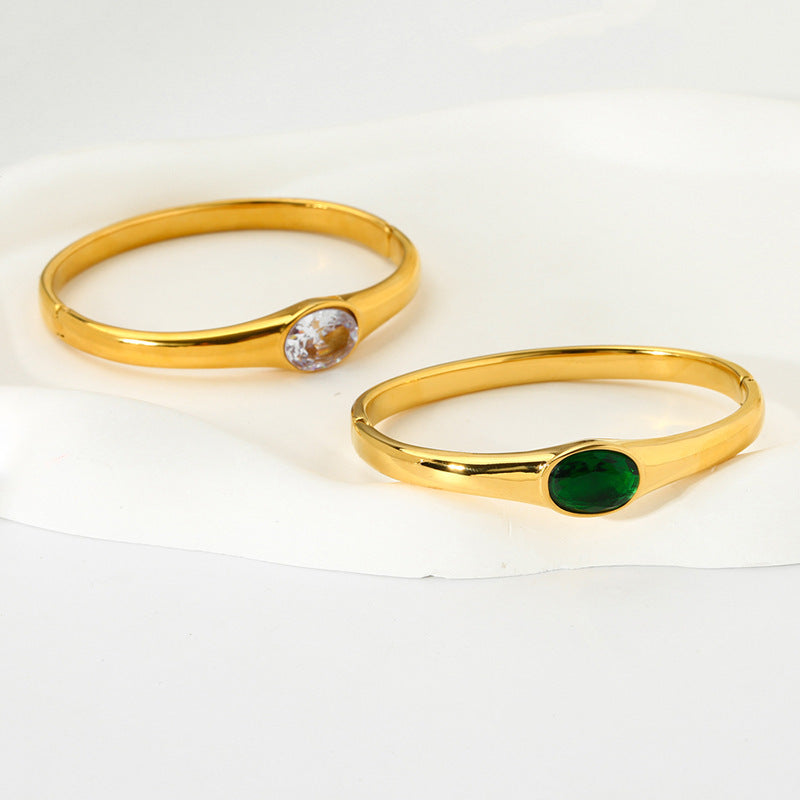 INS Fashion New Titanium Steel Bracelet 18K Gold Plated Emerald Zircon Inlaid Buckle