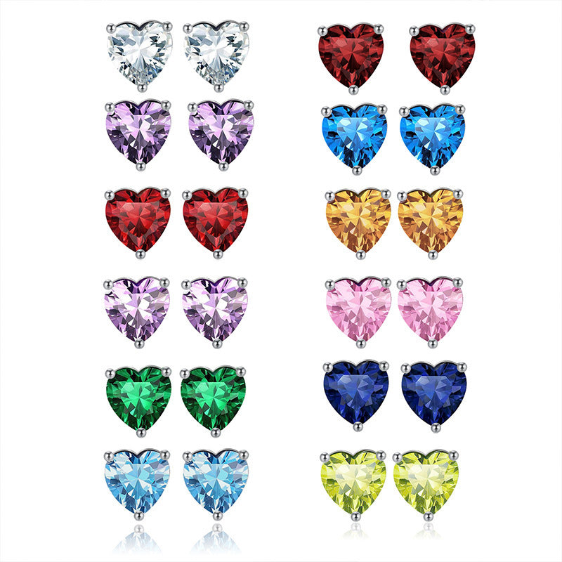S925 Loving Heart In Sterling Silver Zircon Birthstone Stud Earrings