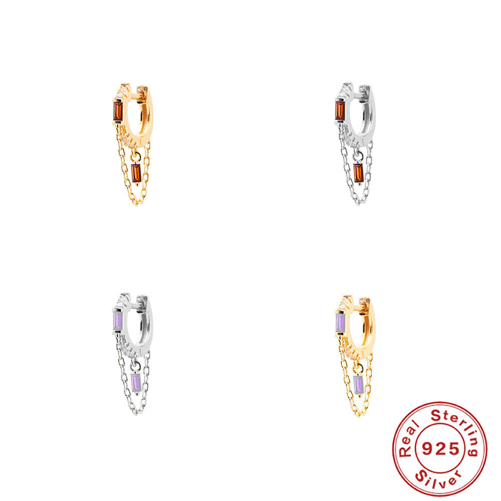 S925 Sterling Silver Ins Geometric Tassel Chain Square Zircon Earrings