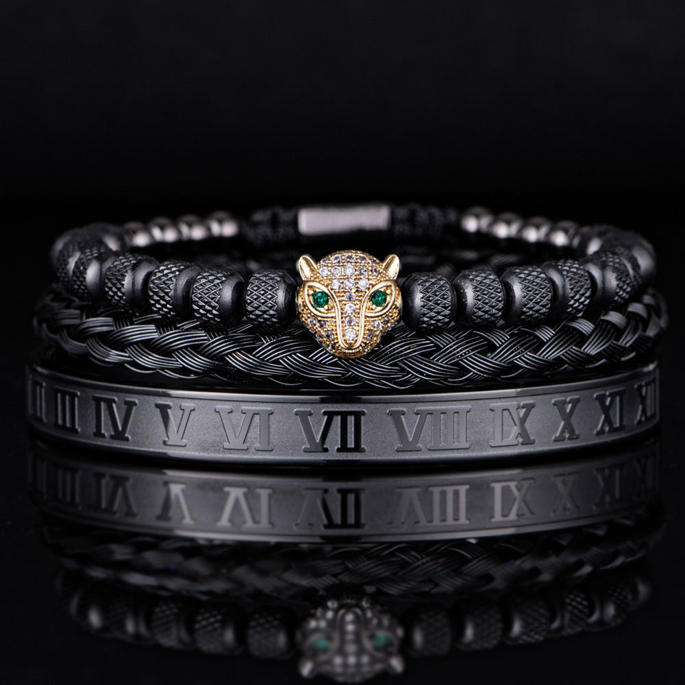 Pulsera romana de perlas de piña de malla con conjunto de cabeza de leopardo