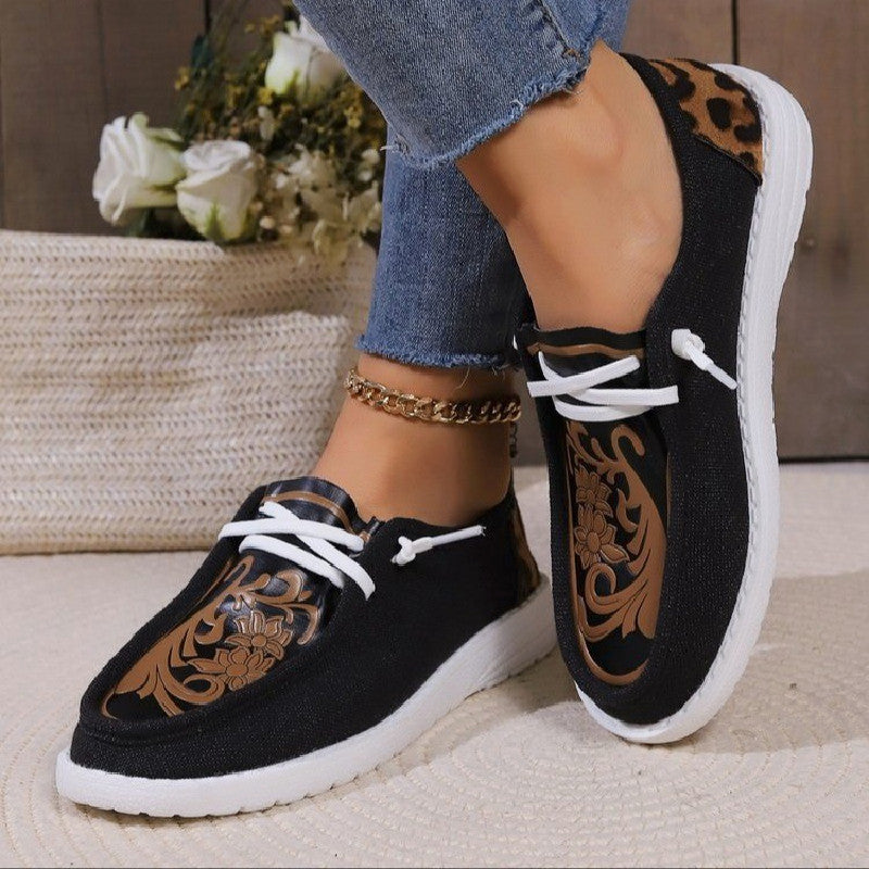 Nouveau bout rond fleur imprimé toile chaussures plates hiver décontracté chaud Plus velours femmes chaussures en peluche
