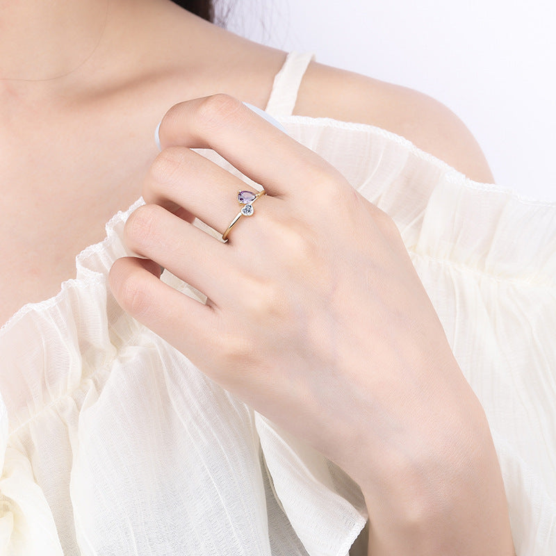 S925 Sterling Silver Plated 14K Gold Ring Purple Gem Peach Heart