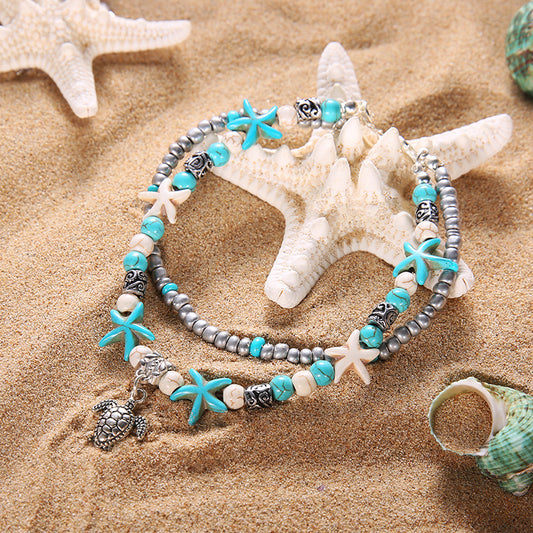 Tobillera con colgante de tortuga marina, estrella de mar y turquesa