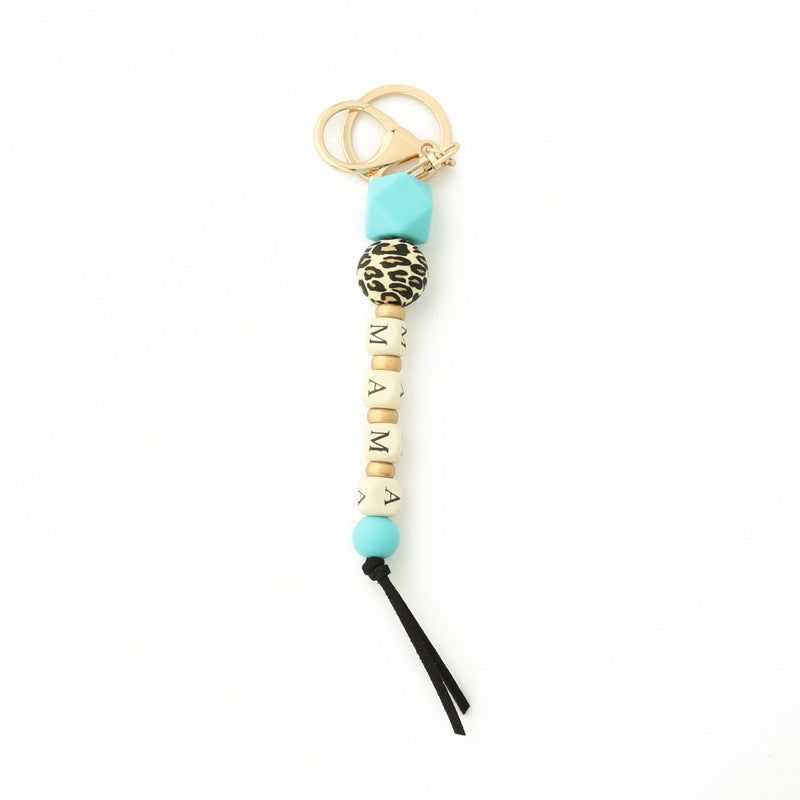 Letter Wood Wafer Silicone Bag Pendant Leopard Chain Keychain