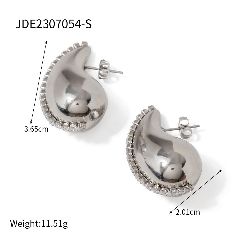 18K Gold Water Drop Titanium Steel Inlaid Zircon Earrings