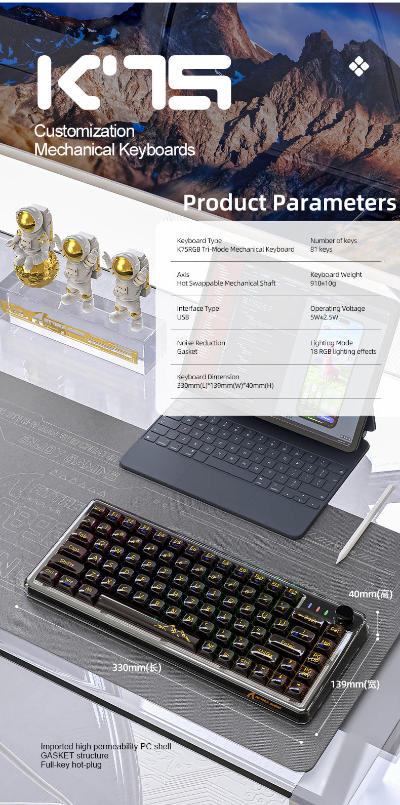 Attack Shark K75RGB Teclado inalámbrico mecánico Bluetooth con junta transparente y conexión en caliente