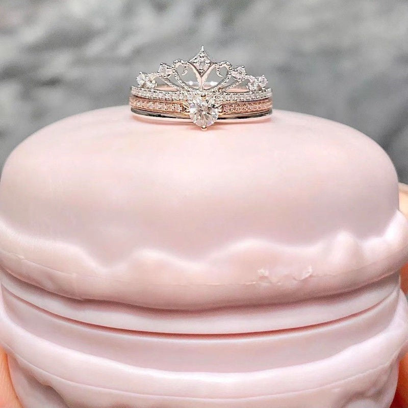 Castle Fireworks Moissanite Ring Crown White Rose Two-color Gold One Multi-wear Twin Women