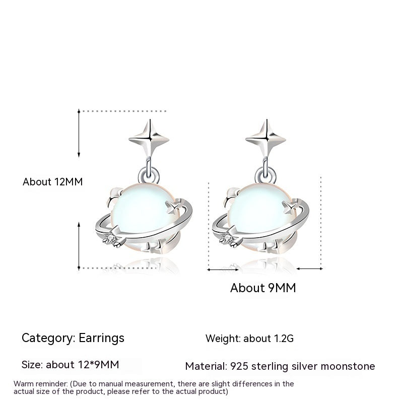 S925 Sterling Silver Moonstone Planet Female South Korea Simple Special Interest Earrings