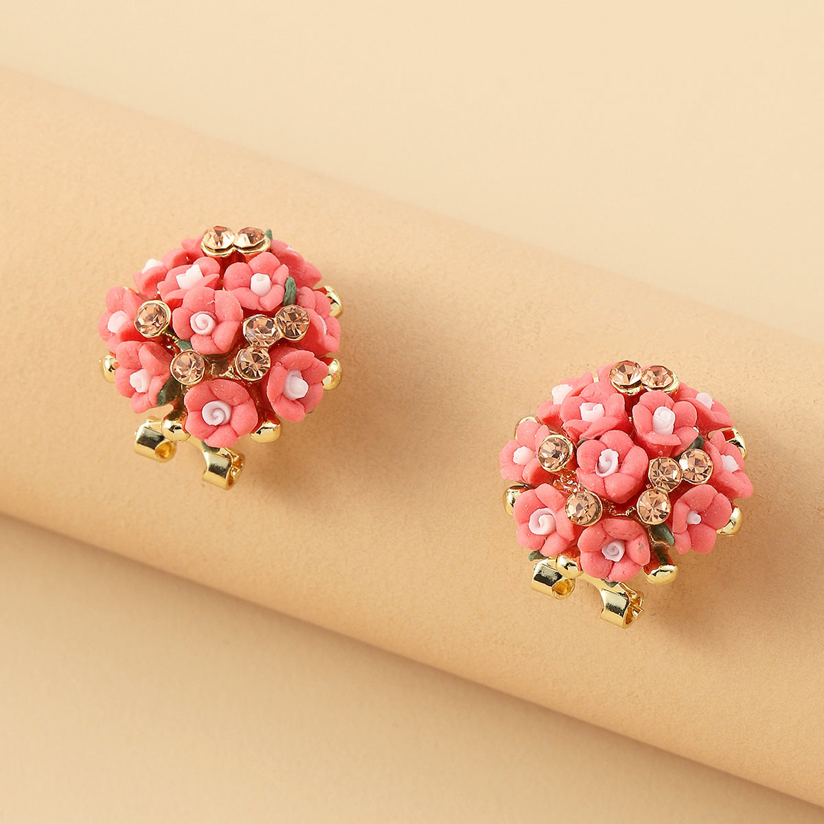Romantic Ceramic Flower Rose Diamond Metal Alloy Earrings