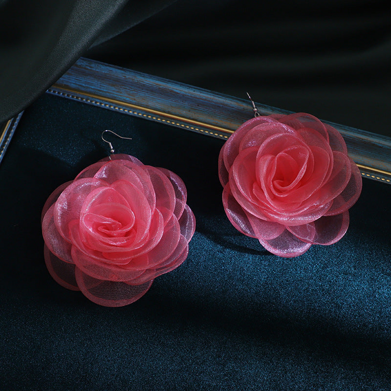 Chiffon Retro Three-dimensional Advanced Rose Camellia Stud Earrings