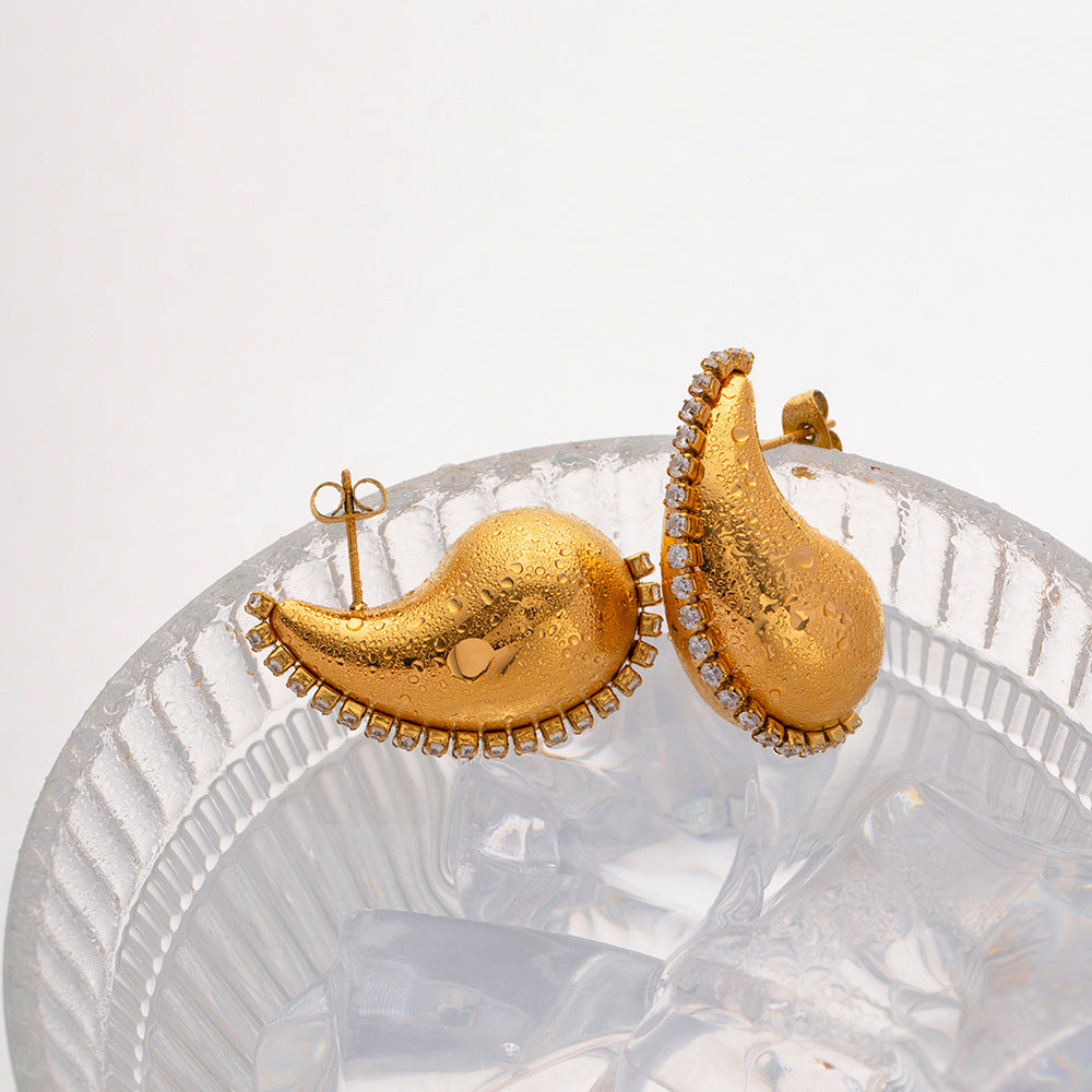 18K Gold Water Drop Titanium Steel Inlaid Zircon Earrings