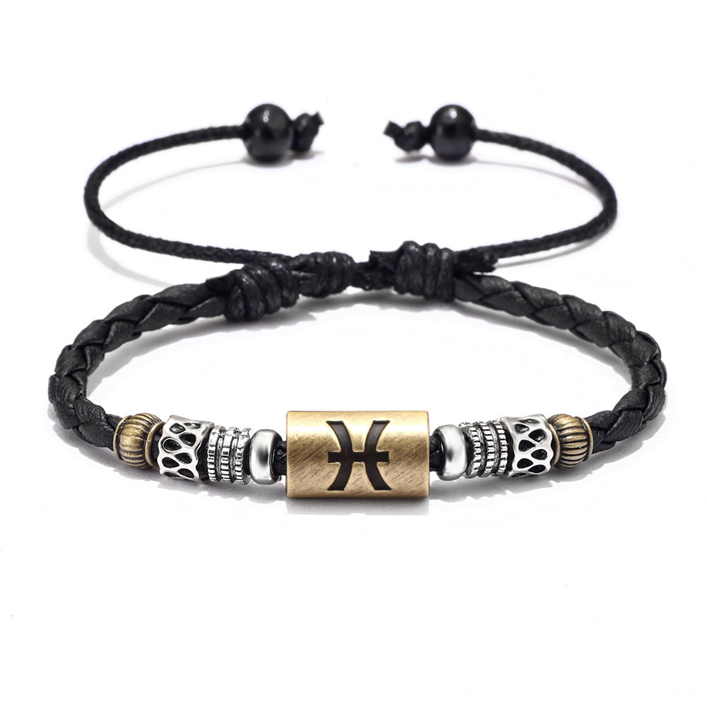 Fashion Personality Trend Twelve Constellation Symbol Leather Rope Braided Rope Bracelet