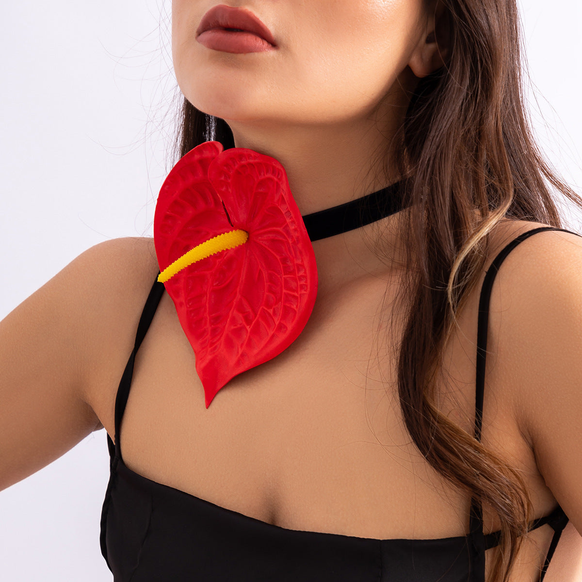 Flower Choker Fabric Flannel Handmade Collar Exaggerated Red Big Leaf Necklace
