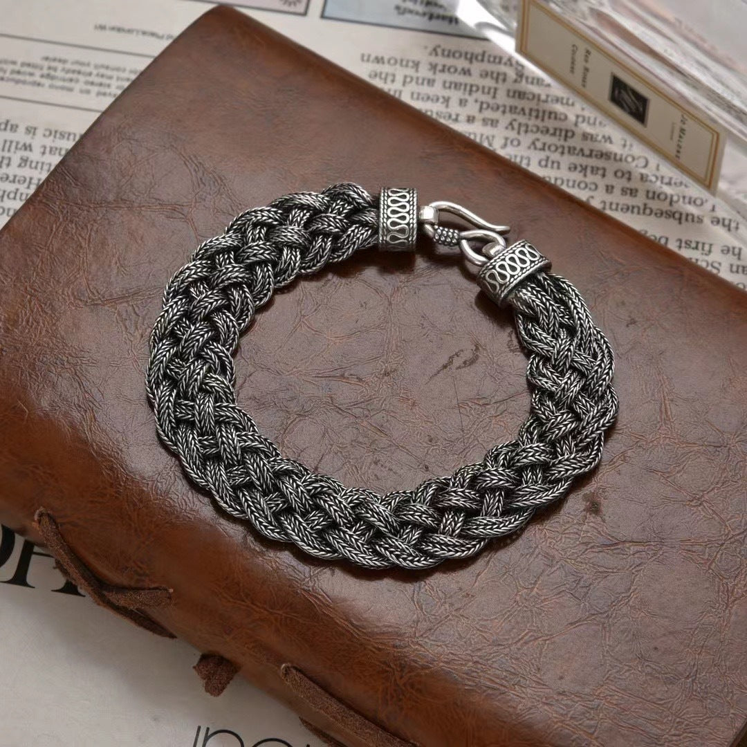 Pulsera de cola de caballo de tres hebras con doble trenza tejida a mano Vintage para hombre de plata de ley S925