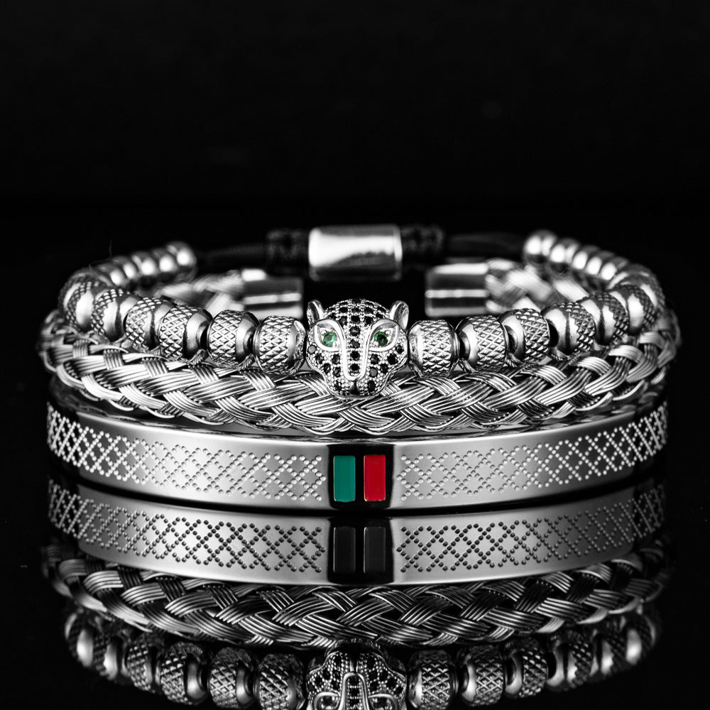 Ensemble de bracelets tête de léopard micro incrustés en acier inoxydable
