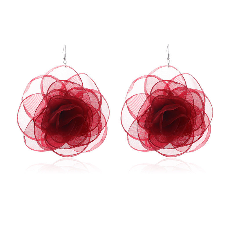Chiffon Retro Three-dimensional Advanced Rose Camellia Stud Earrings