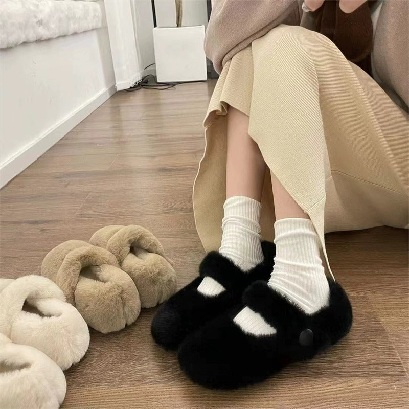 Mary Jane Fluffy Shoes Ropa de abrigo de invierno para mujer Pisos