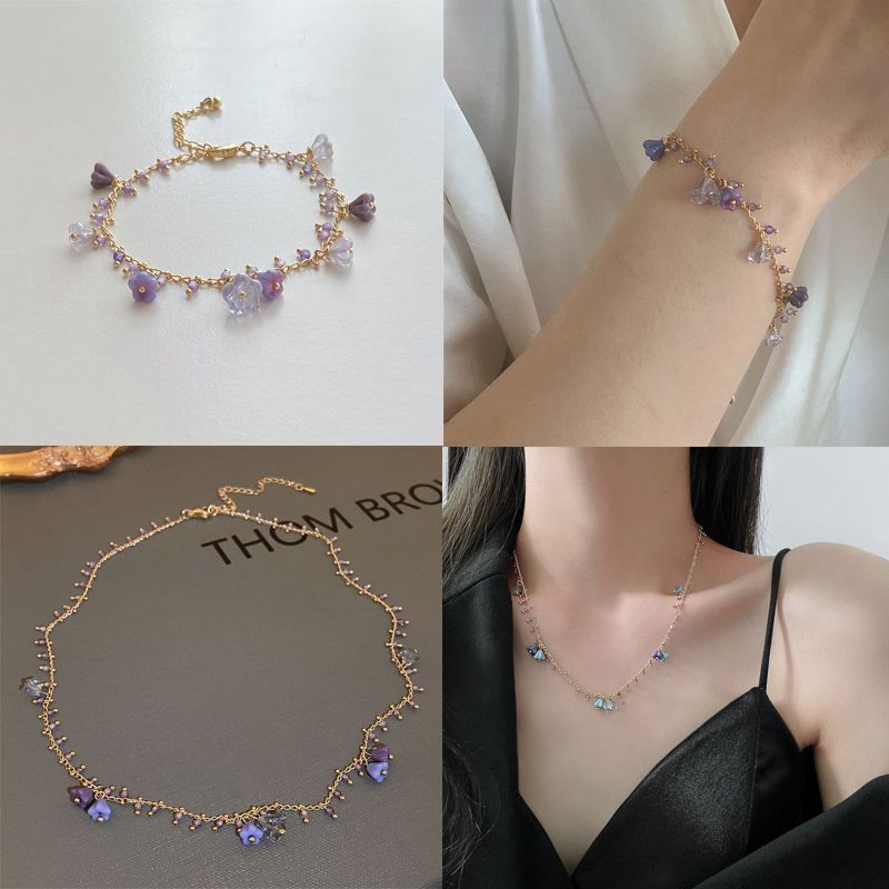 Pulsera de perlas checas con flor morada misteriosa