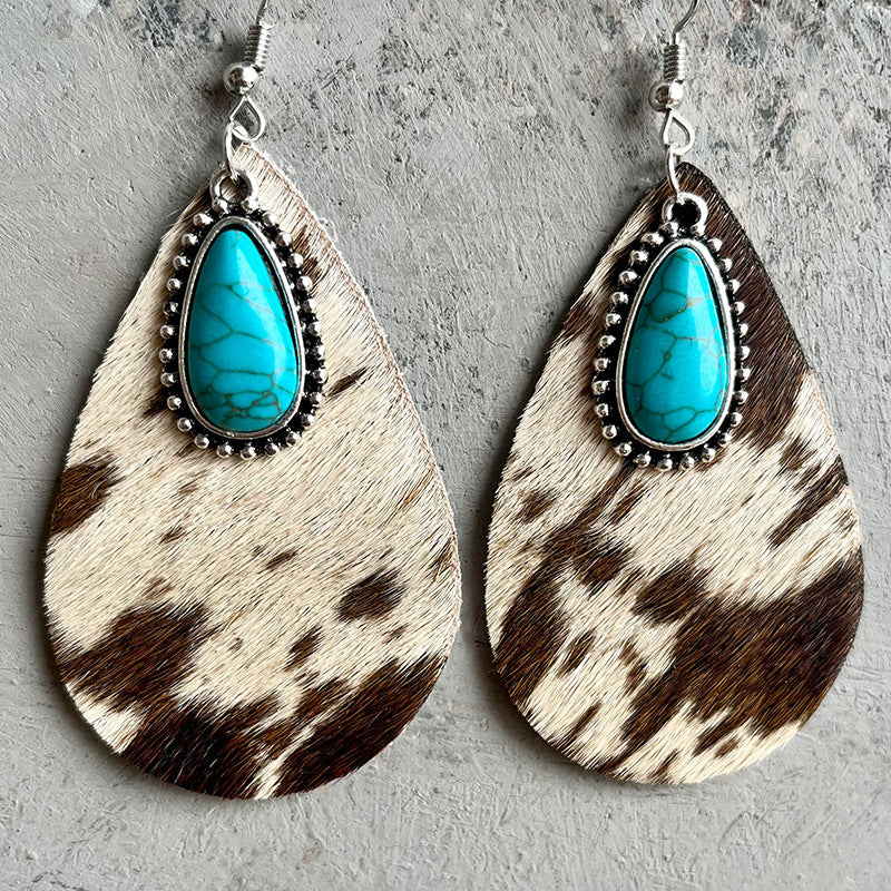 Western Animal Grain Cowhide Water Drop Turquoise Metal Leopard Print Earrings