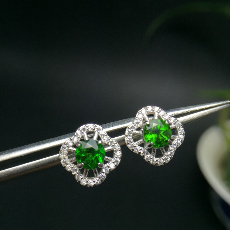925 Silver Inlaid Diopside Emerald Stud Earrings