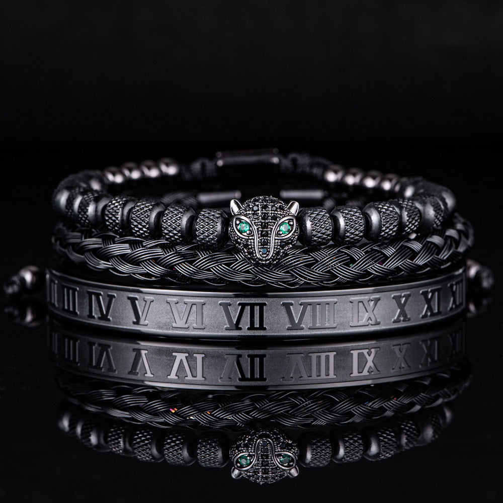 Pulsera romana de perlas de piña de malla con conjunto de cabeza de leopardo
