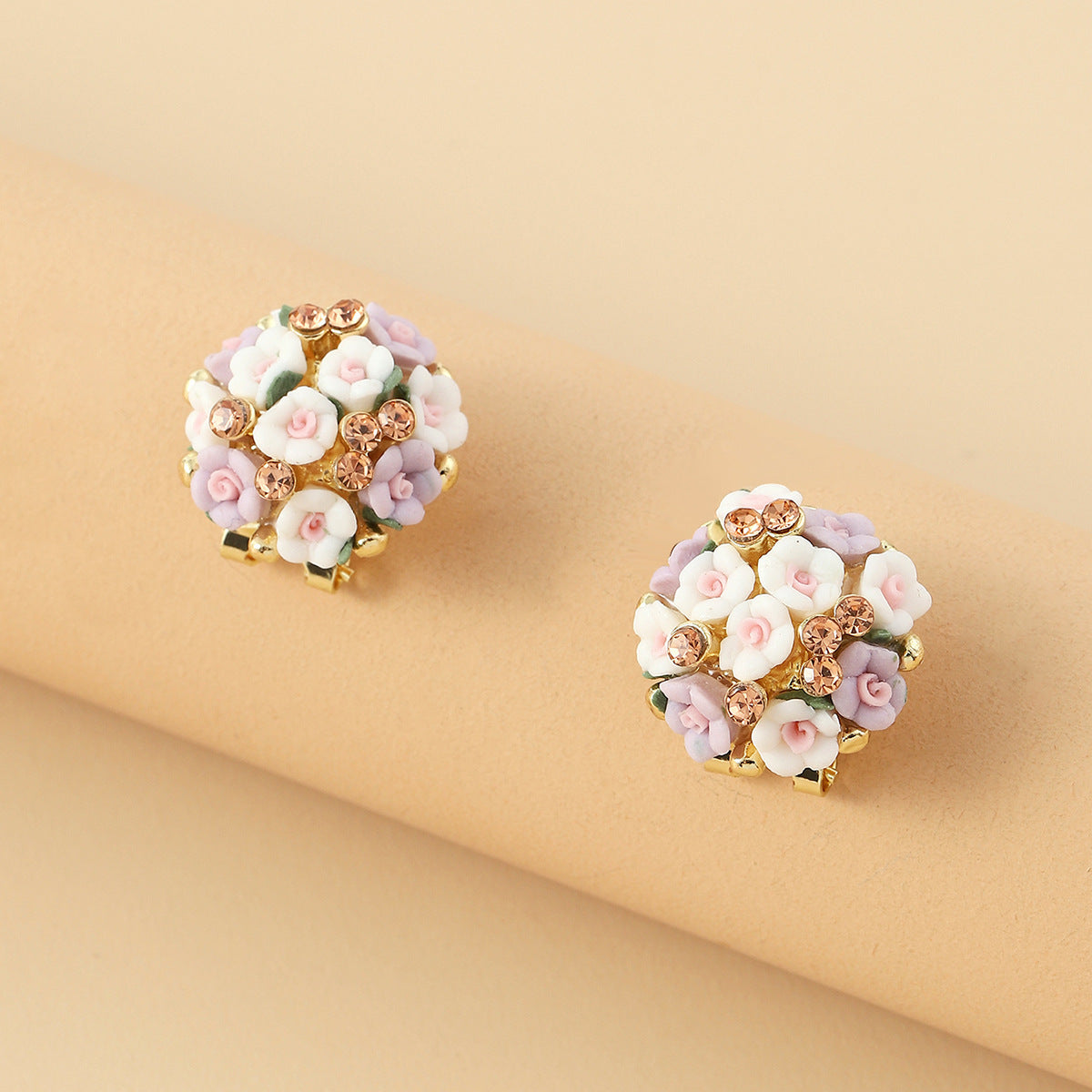 Romantic Ceramic Flower Rose Diamond Metal Alloy Earrings