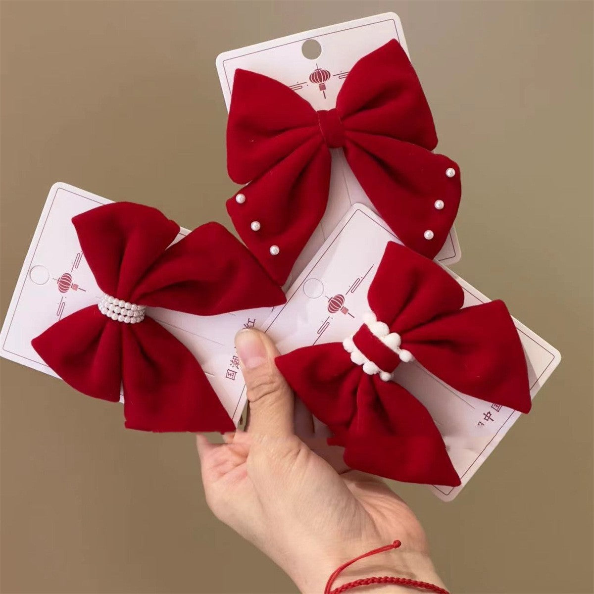 Barrettes à nœud floqué rouge pour filles