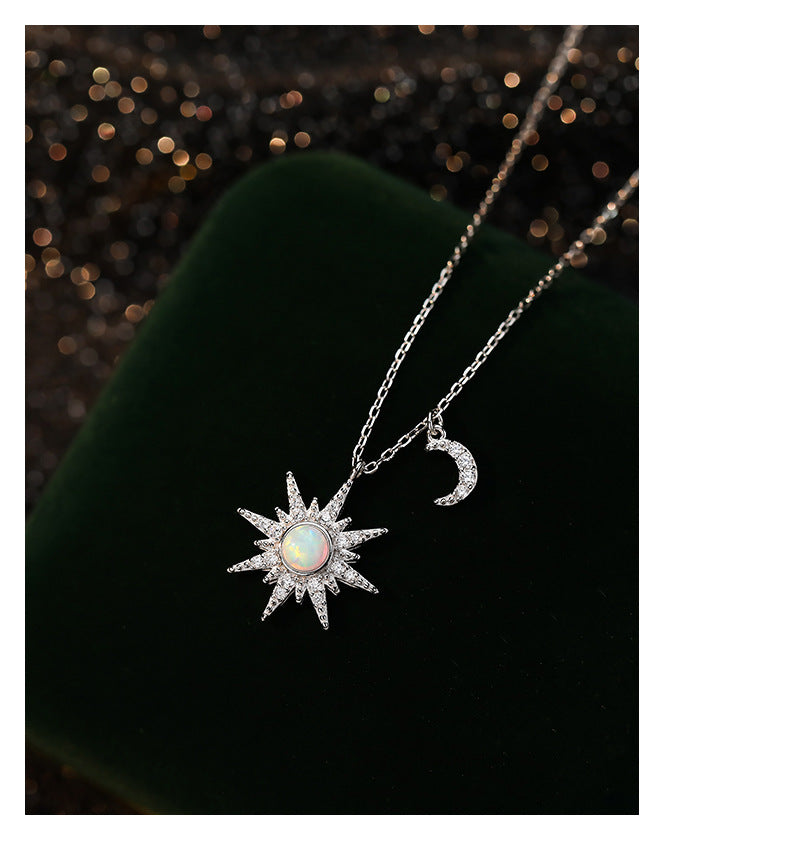 S925 Sterling Silver Eight Awn Star Moon Tooth Opal Stone Necklace