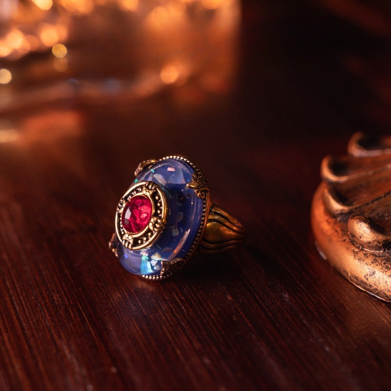 Western Antique Retro Series Blue Handmade Glass Brass Plated Gold Ring
