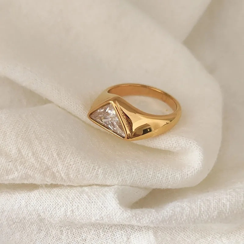 Triangle Zircon Ring Titanium Steel Plated 18K Gold