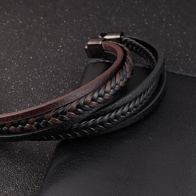 Bracelet en cuir pour hommes en acier titane double couche