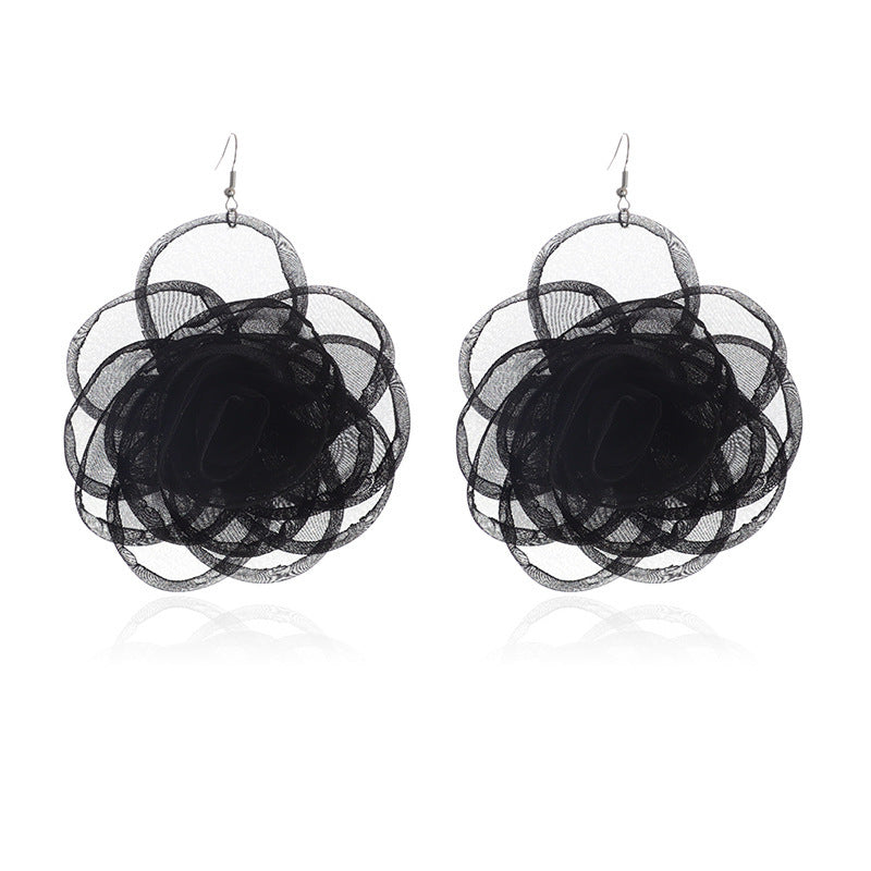 Chiffon Retro Three-dimensional Advanced Rose Camellia Stud Earrings