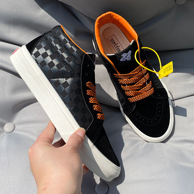 Chaussures de style universitaire pour hommes, toile mi-haute à carreaux noir et orange