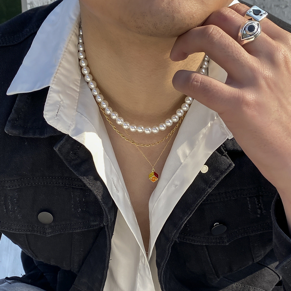 Hip Hop Retro Geometric Multilayer Pearl Necklace