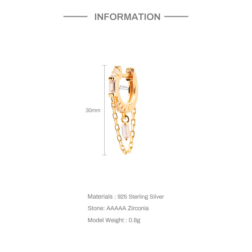 S925 Sterling Silver Ins Geometric Tassel Chain Square Zircon Earrings