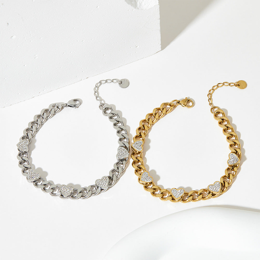 Bracelet rétro français en acier inoxydable et Zircon en forme de cœur