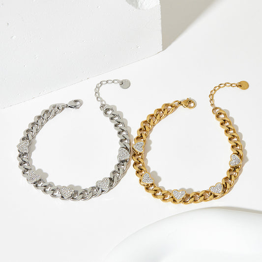 Bracelet rétro français en acier inoxydable et Zircon en forme de cœur
