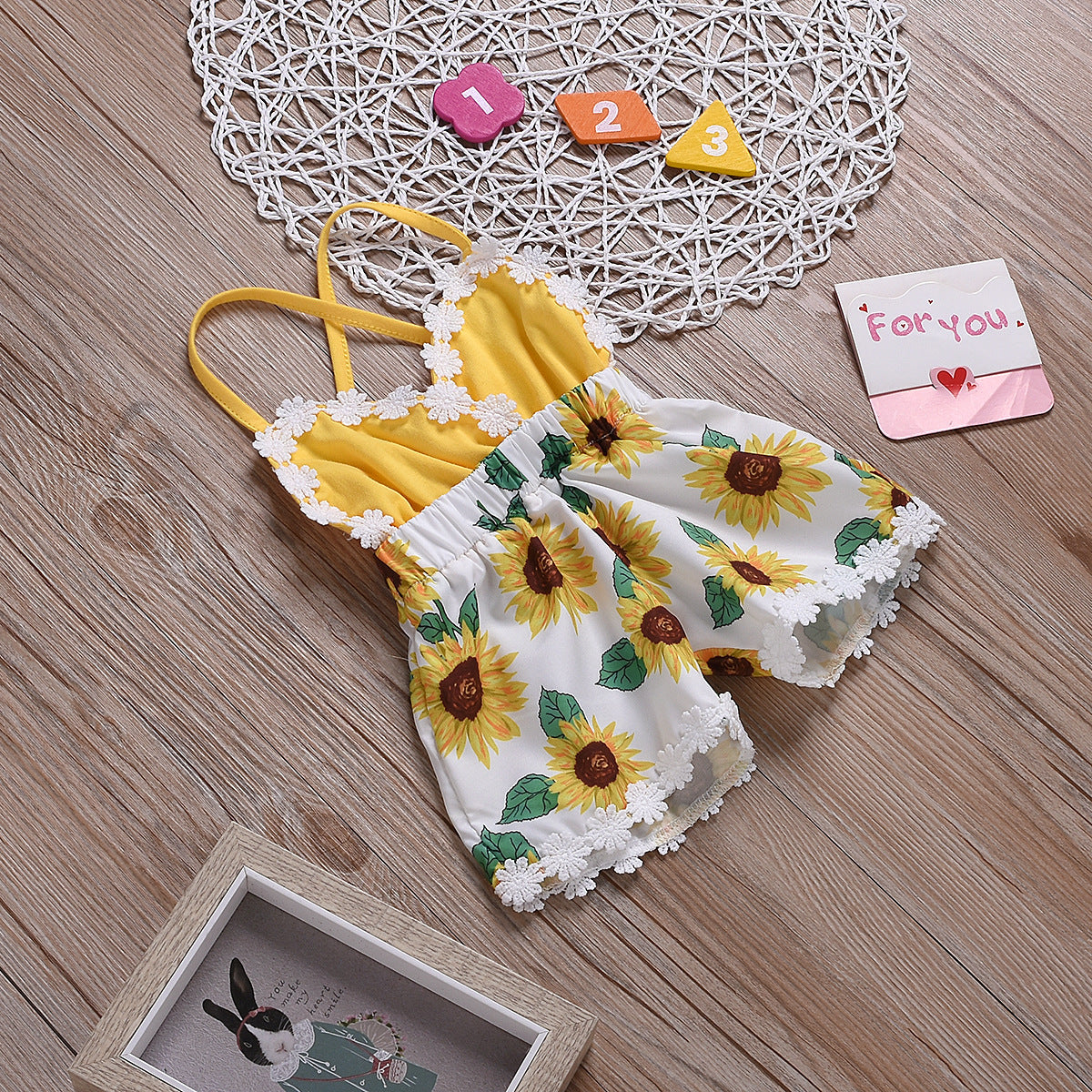 Ropa para niños Monos para bebés y niñas Mono de encaje con tirantes de girasol para niños
