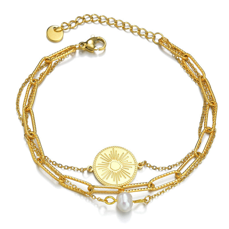 Bracelet en titane et acier, or 18 carats, trois couches, motif foncé, perles rondes, ornement