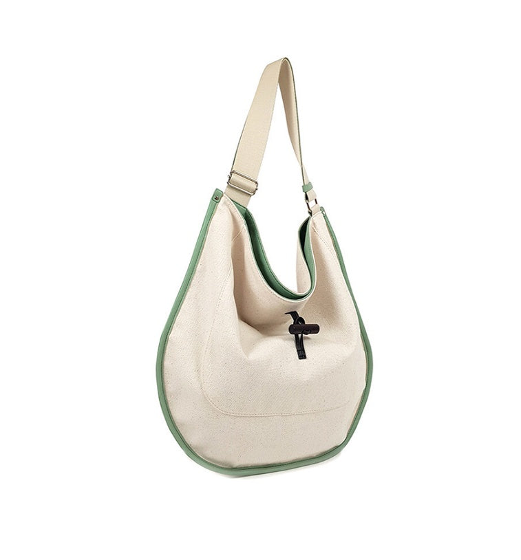 Contrast Color Texture Drawstring Tote Large Capacity Canvas Stitching Leather Simple Bag