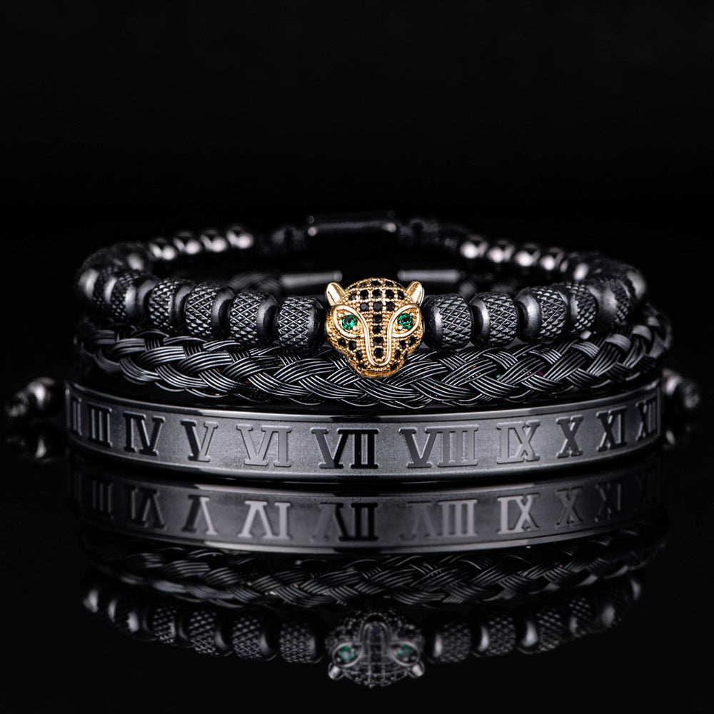 Pulsera romana de perlas de piña de malla con conjunto de cabeza de leopardo