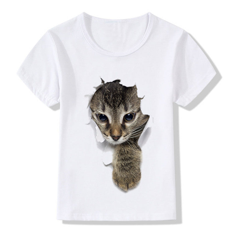 T-shirt décontracté à manches courtes pour enfants imprimé en 3D avec chat