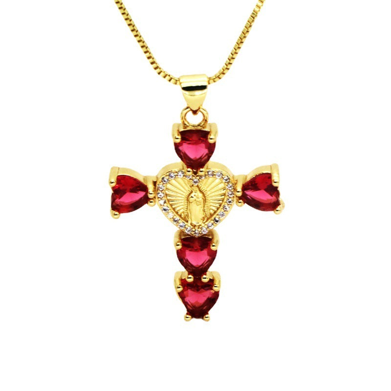 Hip-hop Fashion Inlaid Color Diamond Cross Love Virgin Mary Pendant Necklace For Women